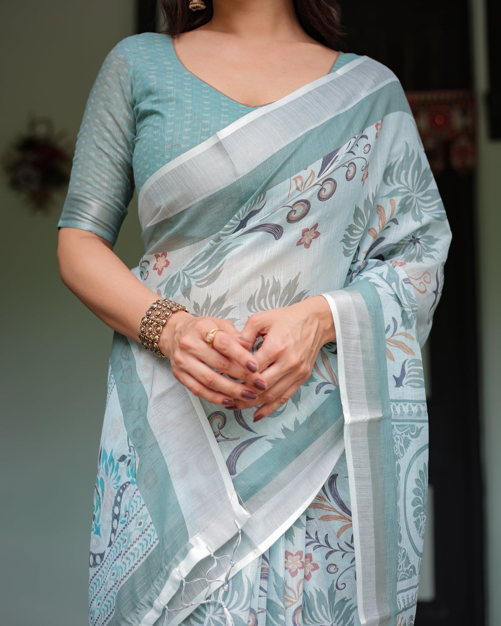 Mint Green Floral Pure Cotton Linen Saree with Blouse and Tassels LINEN
