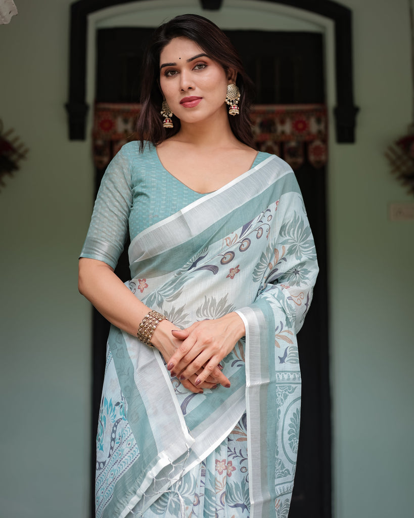 Mint Green Floral Pure Cotton Linen Saree with Blouse and Tassels LINEN