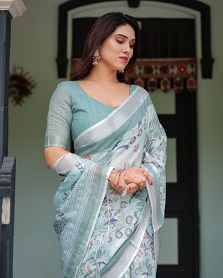 Mint Green Floral Pure Cotton Linen Saree with Blouse and Tassels LINEN