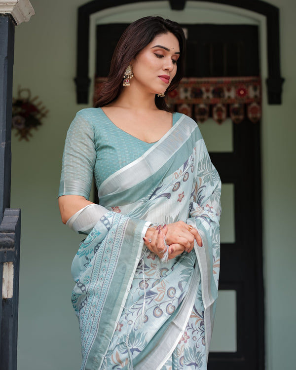 Mint Green Floral Pure Cotton Linen Saree with Blouse and Tassels LINEN