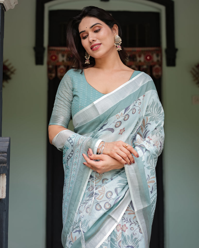 Mint Green Floral Pure Cotton Linen Saree with Blouse and Tassels LINEN