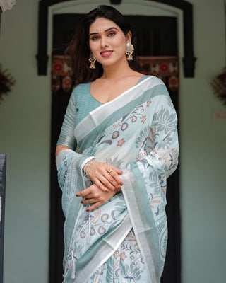 Mint Green Floral Pure Cotton Linen Saree with Blouse and Tassels LINEN