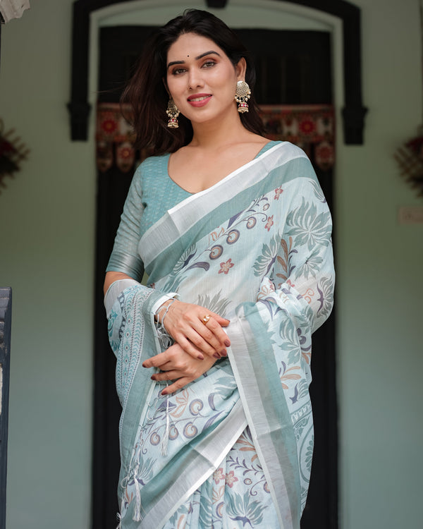 Mint Green Floral Pure Cotton Linen Saree with Blouse and Tassels LINEN