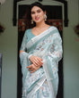 Load image into Gallery viewer, Mint Green Floral Pure Cotton Linen Saree with Blouse and Tassels LINEN
