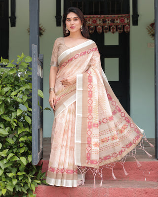 Beige and Pink Floral Printed Pure Cotton Linen Saree with Blouse and Tassels on Edges LINEN