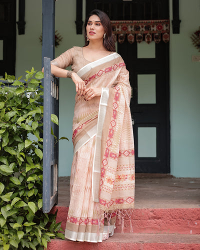 Beige and Pink Floral Printed Pure Cotton Linen Saree with Blouse and Tassels on Edges LINEN