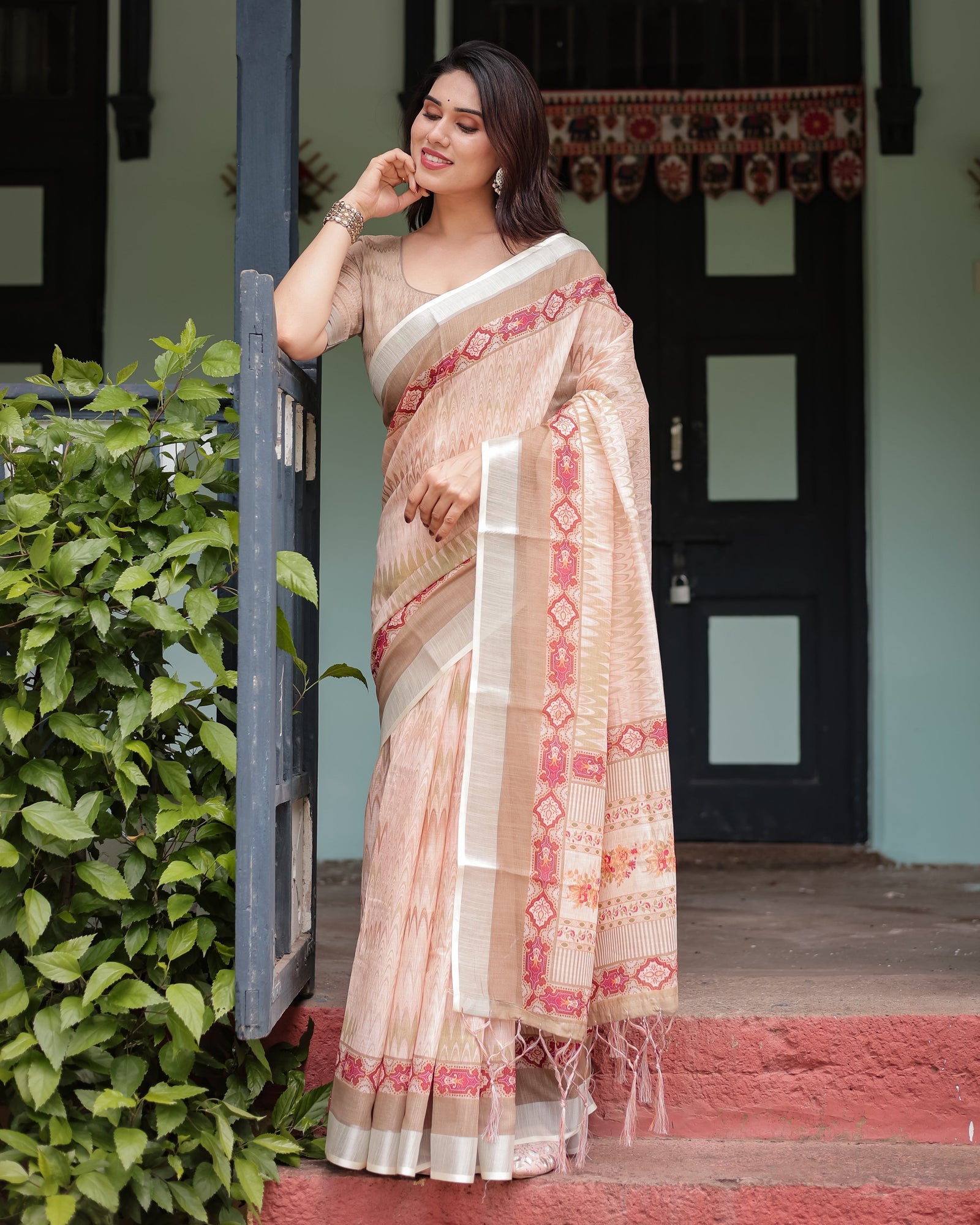 Beige and Pink Floral Printed Pure Cotton Linen Saree with Blouse and Tassels on Edges LINEN