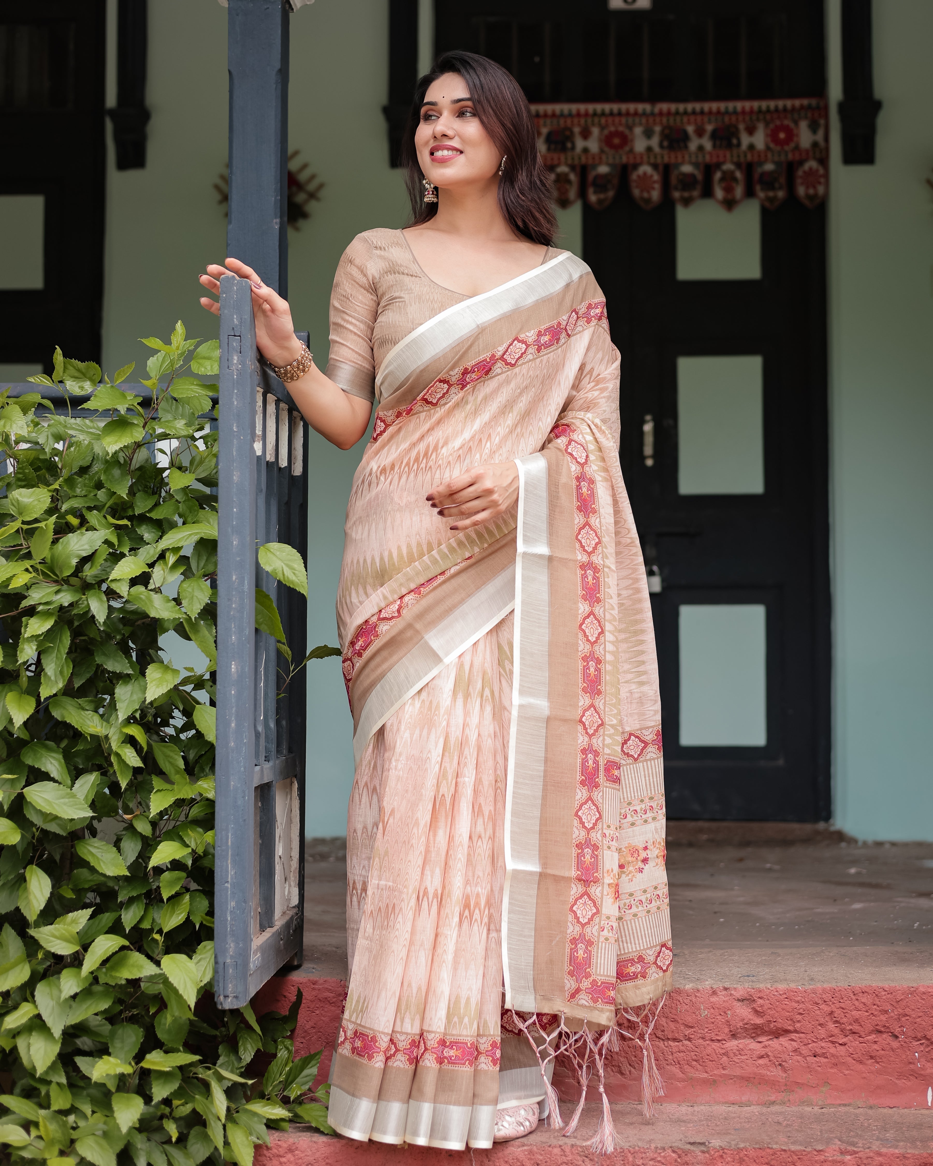 Beige and Pink Floral Printed Pure Cotton Linen Saree with Blouse and Tassels on Edges LINEN Main image