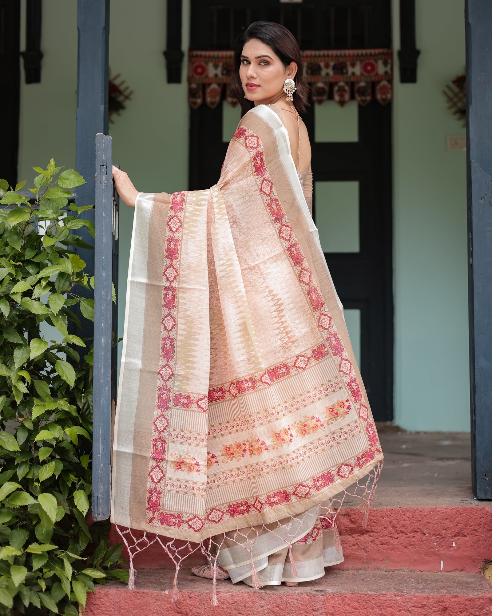 Beige and Pink Floral Printed Pure Cotton Linen Saree with Blouse and Tassels on Edges LINEN