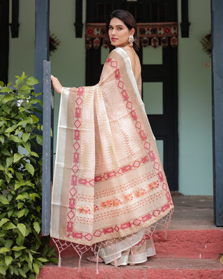 Beige and Pink Floral Printed Pure Cotton Linen Saree with Blouse and Tassels on Edges LINEN