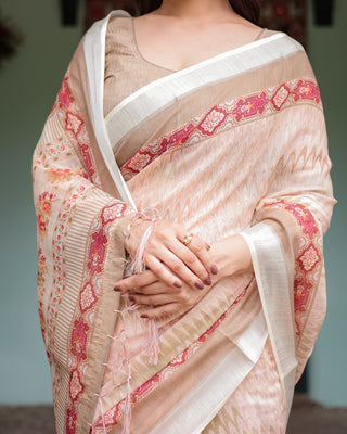 Beige and Pink Floral Printed Pure Cotton Linen Saree with Blouse and Tassels on Edges LINEN