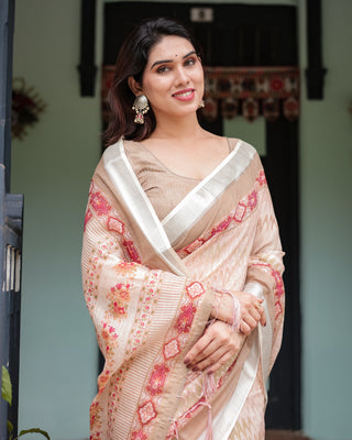 Beige and Pink Floral Printed Pure Cotton Linen Saree with Blouse and Tassels on Edges LINEN