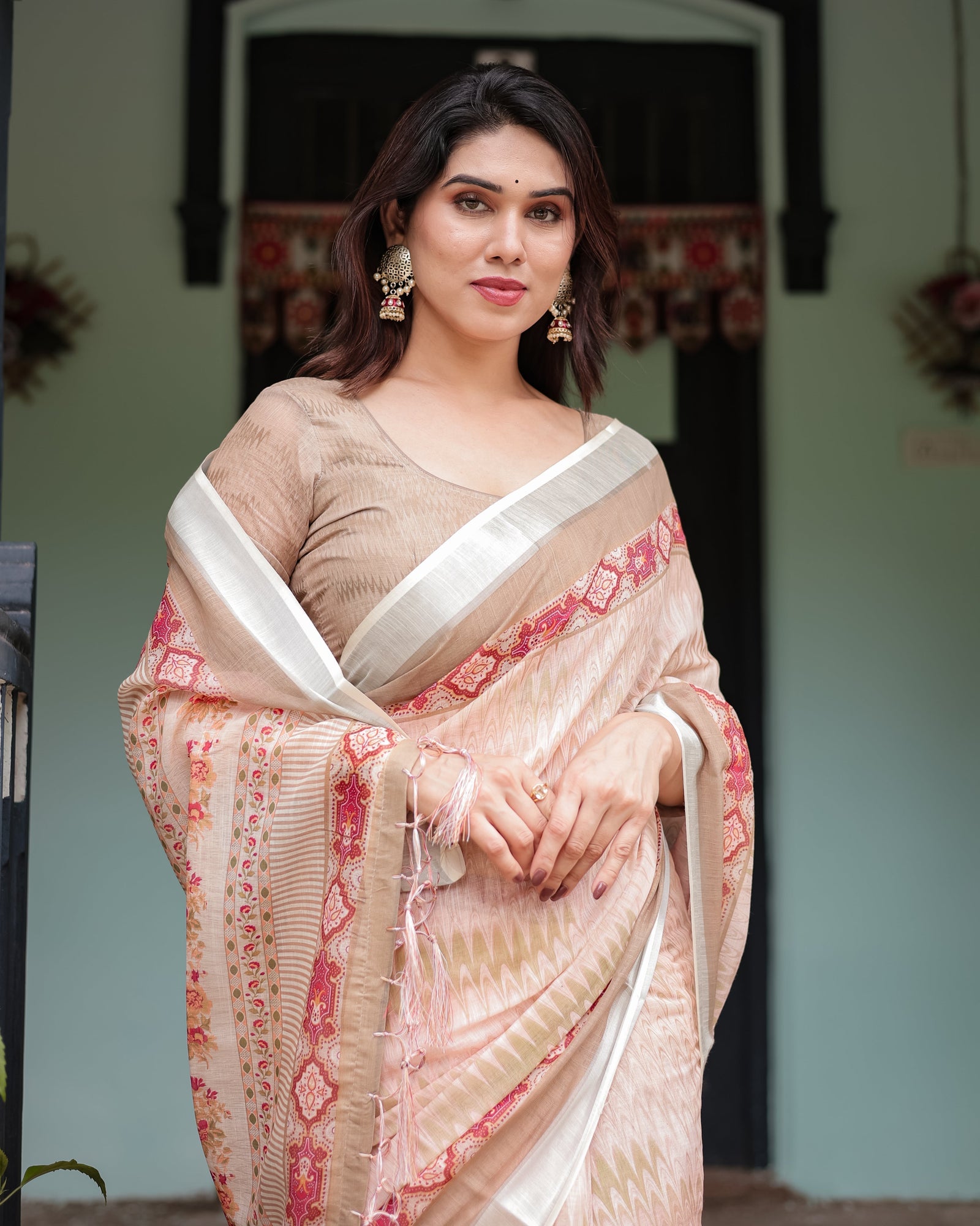 Beige and Pink Floral Printed Pure Cotton Linen Saree with Blouse and Tassels on Edges LINEN