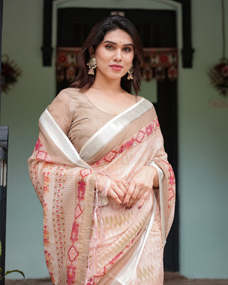 Beige and Pink Floral Printed Pure Cotton Linen Saree with Blouse and Tassels on Edges LINEN