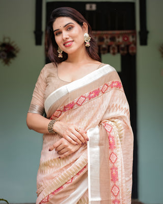 Beige and Pink Floral Printed Pure Cotton Linen Saree with Blouse and Tassels on Edges LINEN