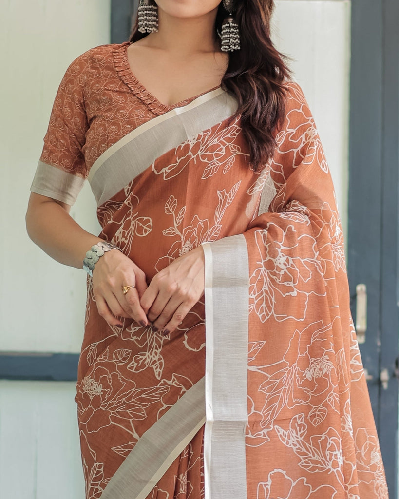 Terracotta Brown Floral Handprinted Pure Cotton Linen Saree with Tassels LINEN