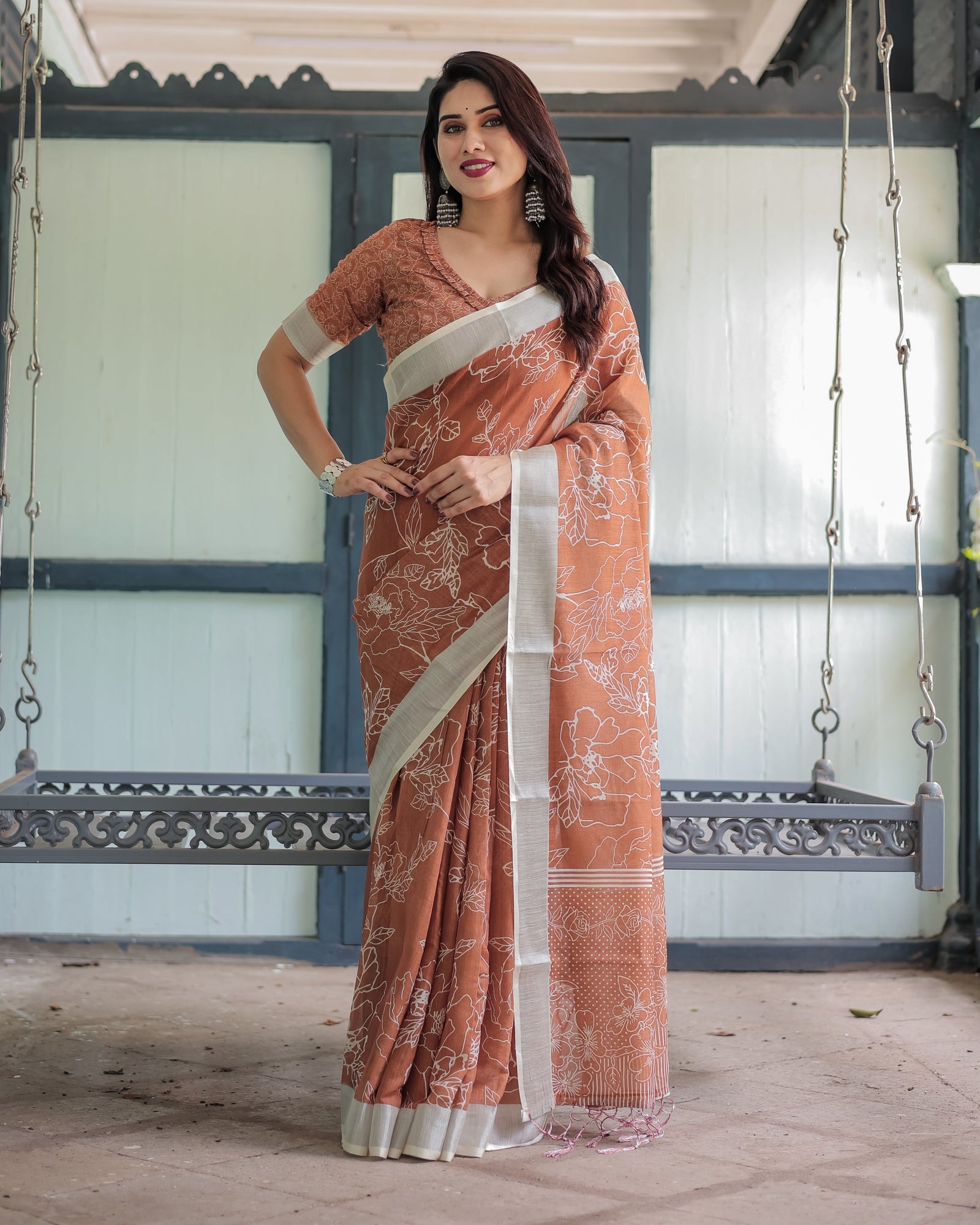 Terracotta Brown Floral Handprinted Pure Cotton Linen Saree with Tassels LINEN