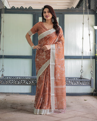 Terracotta Brown Floral Handprinted Pure Cotton Linen Saree with Tassels LINEN