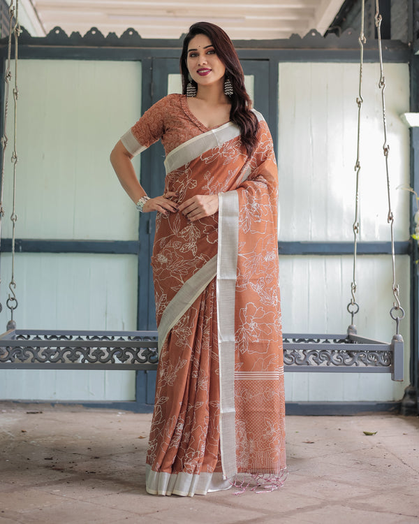Terracotta Brown Floral Handprinted Pure Cotton Linen Saree with Tassels LINEN
