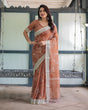 Load image into Gallery viewer, Terracotta Brown Floral Handprinted Pure Cotton Linen Saree with Tassels LINEN