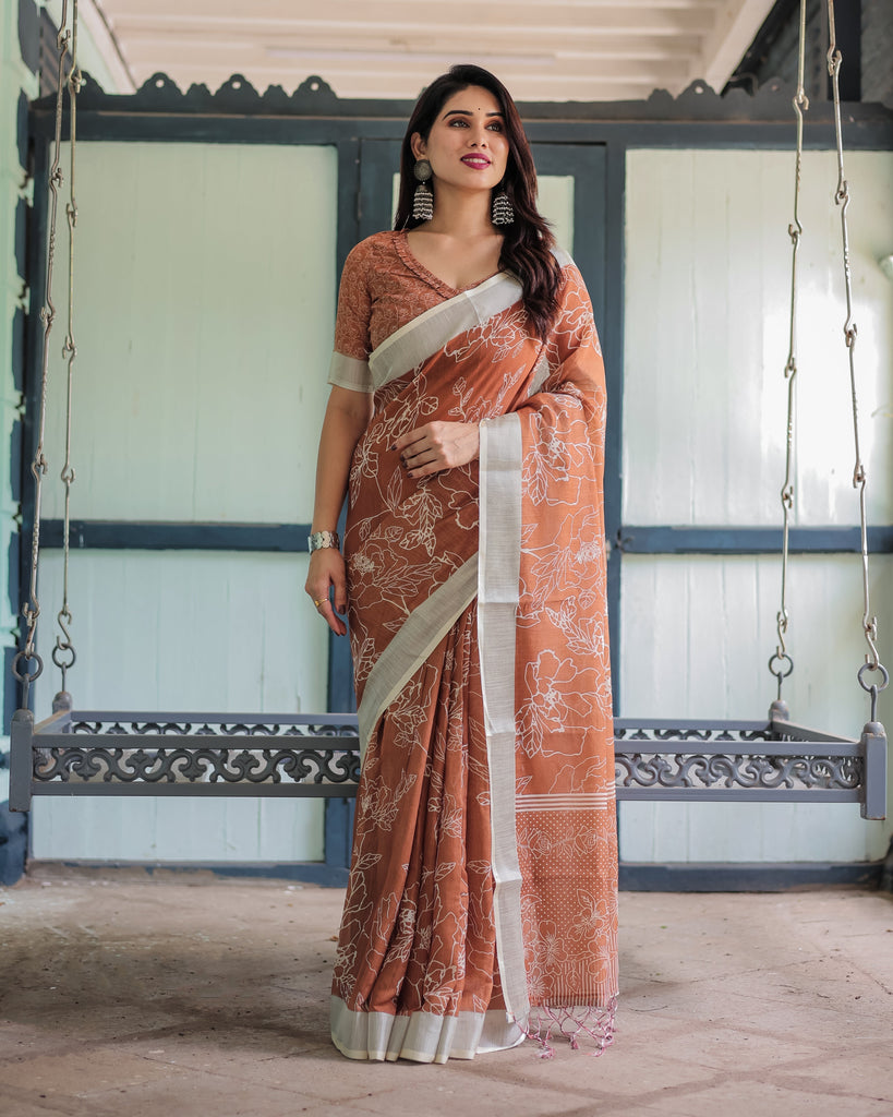 Terracotta Brown Floral Handprinted Pure Cotton Linen Saree with Tassels LINEN