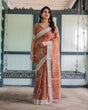Load image into Gallery viewer, Terracotta Brown Floral Handprinted Pure Cotton Linen Saree with Tassels LINEN