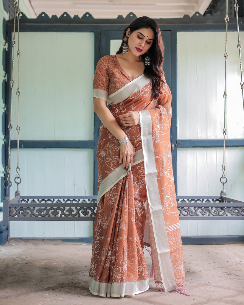 Terracotta Brown Floral Handprinted Pure Cotton Linen Saree with Tassels LINEN