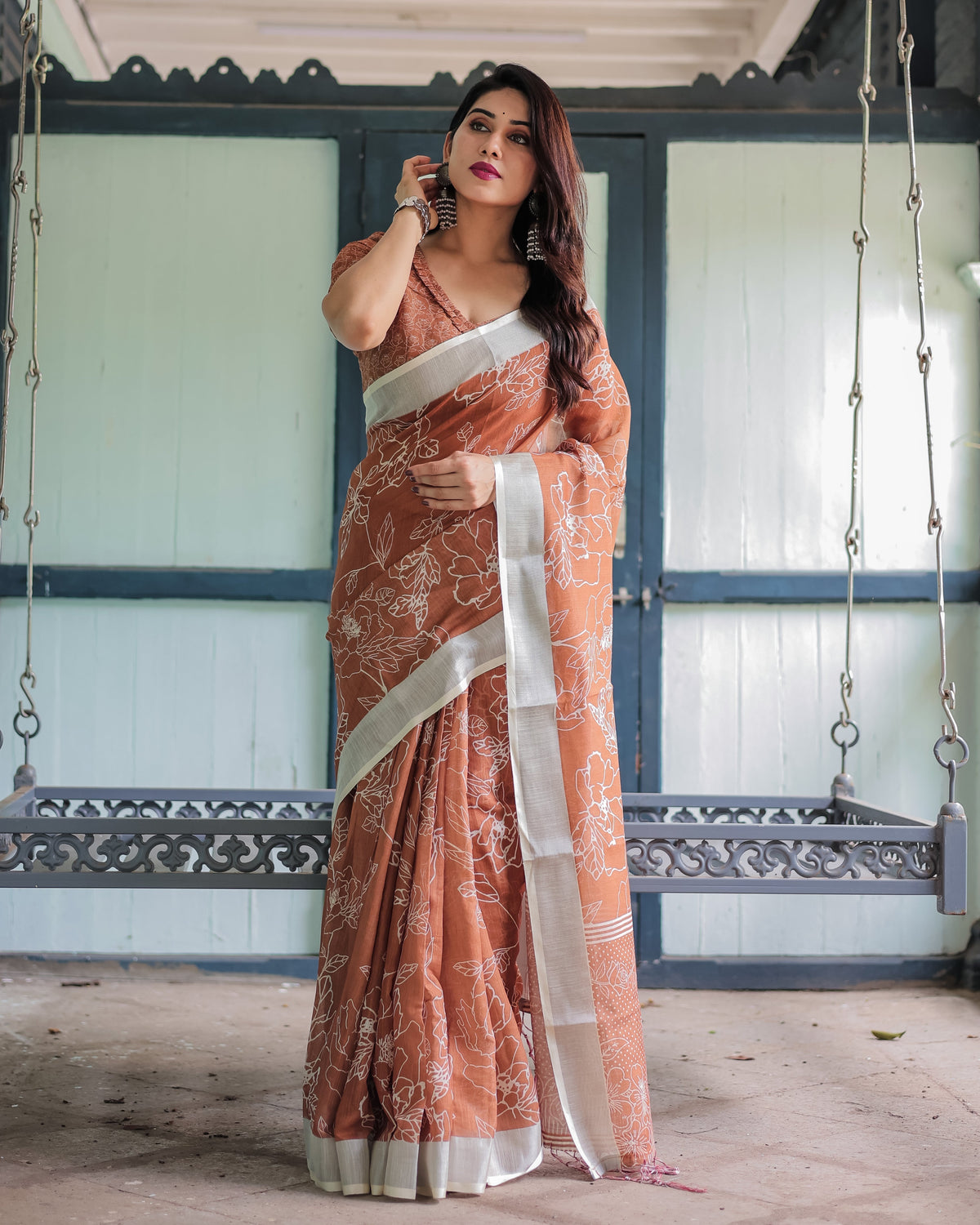 Terracotta Brown Floral Handprinted Pure Cotton Linen Saree with Tassels LINEN Main image