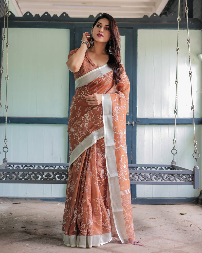 Terracotta Brown Floral Handprinted Pure Cotton Linen Saree with Tassels LINEN