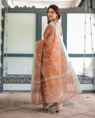 Terracotta Brown Floral Handprinted Pure Cotton Linen Saree with Tassels LINEN