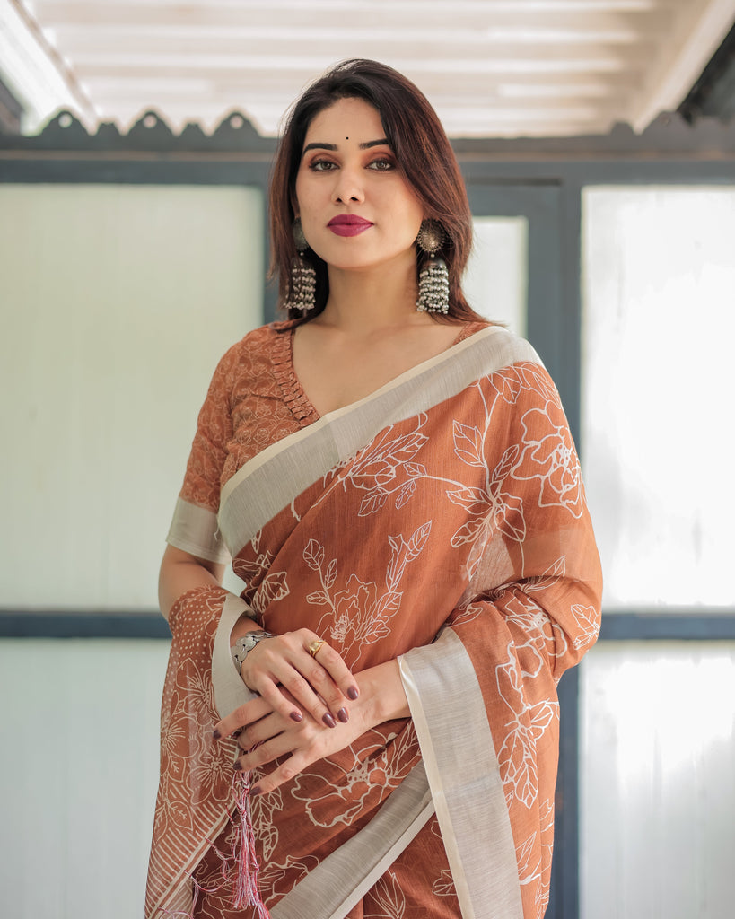 Terracotta Brown Floral Handprinted Pure Cotton Linen Saree with Tassels LINEN
