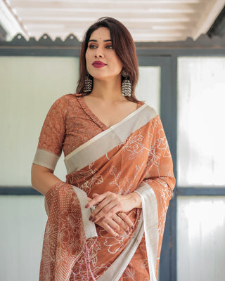 Terracotta Brown Floral Handprinted Pure Cotton Linen Saree with Tassels LINEN