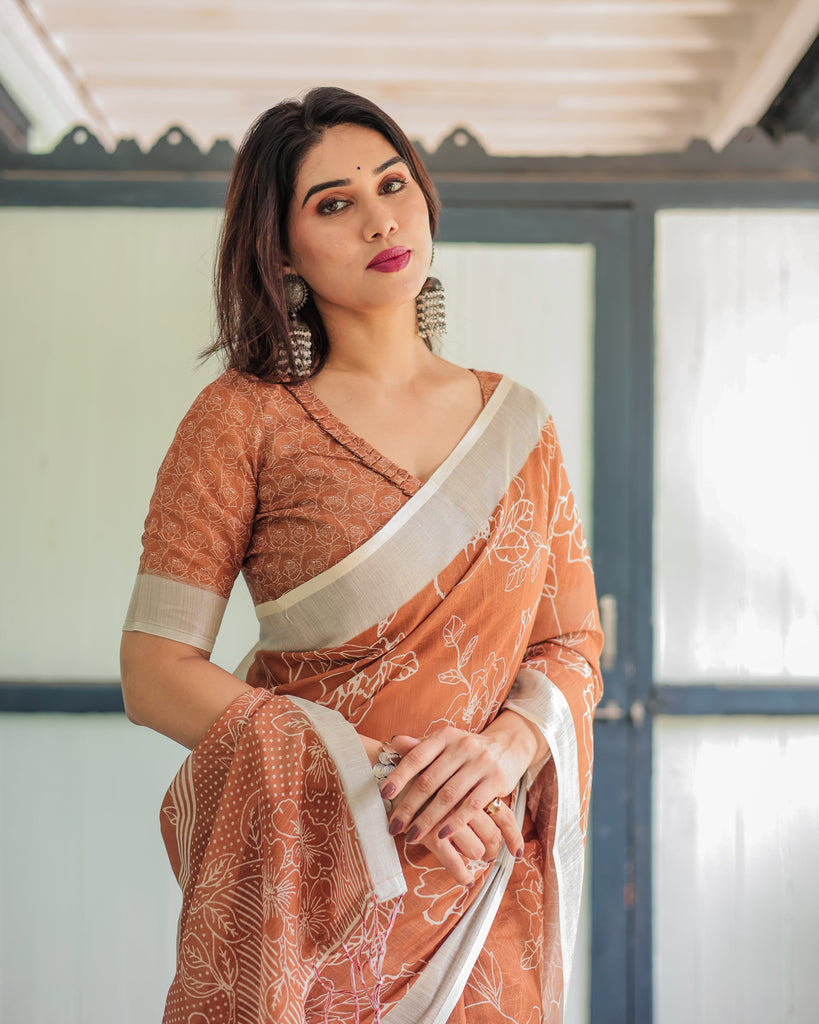 Terracotta Brown Floral Handprinted Pure Cotton Linen Saree with Tassels LINEN