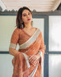 Load image into Gallery viewer, Terracotta Brown Floral Handprinted Pure Cotton Linen Saree with Tassels LINEN