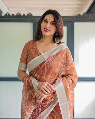 Terracotta Brown Floral Handprinted Pure Cotton Linen Saree with Tassels LINEN