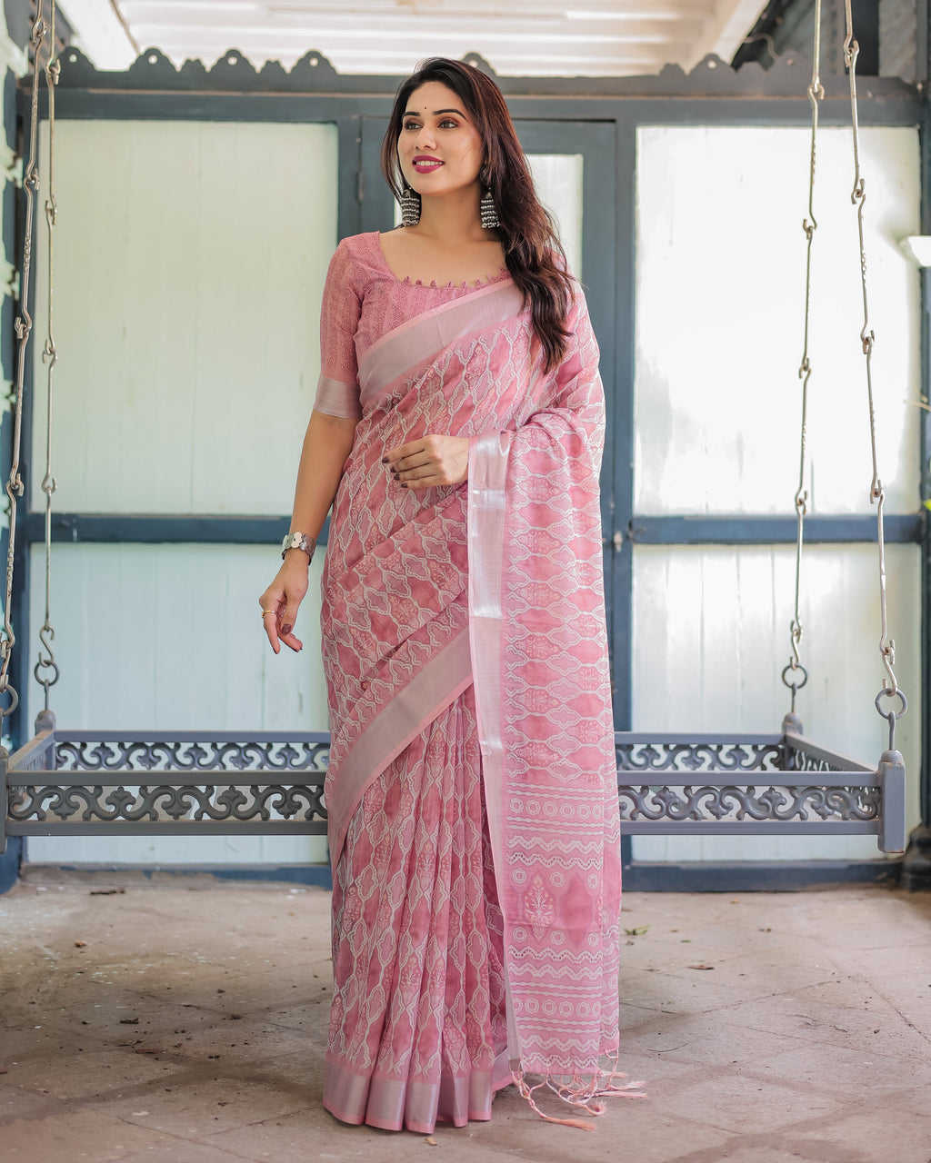 Elegant Rose Pink Pure Cotton Linen Saree with White Thread Work, Matching Blouse, and Tassel Edges LINEN