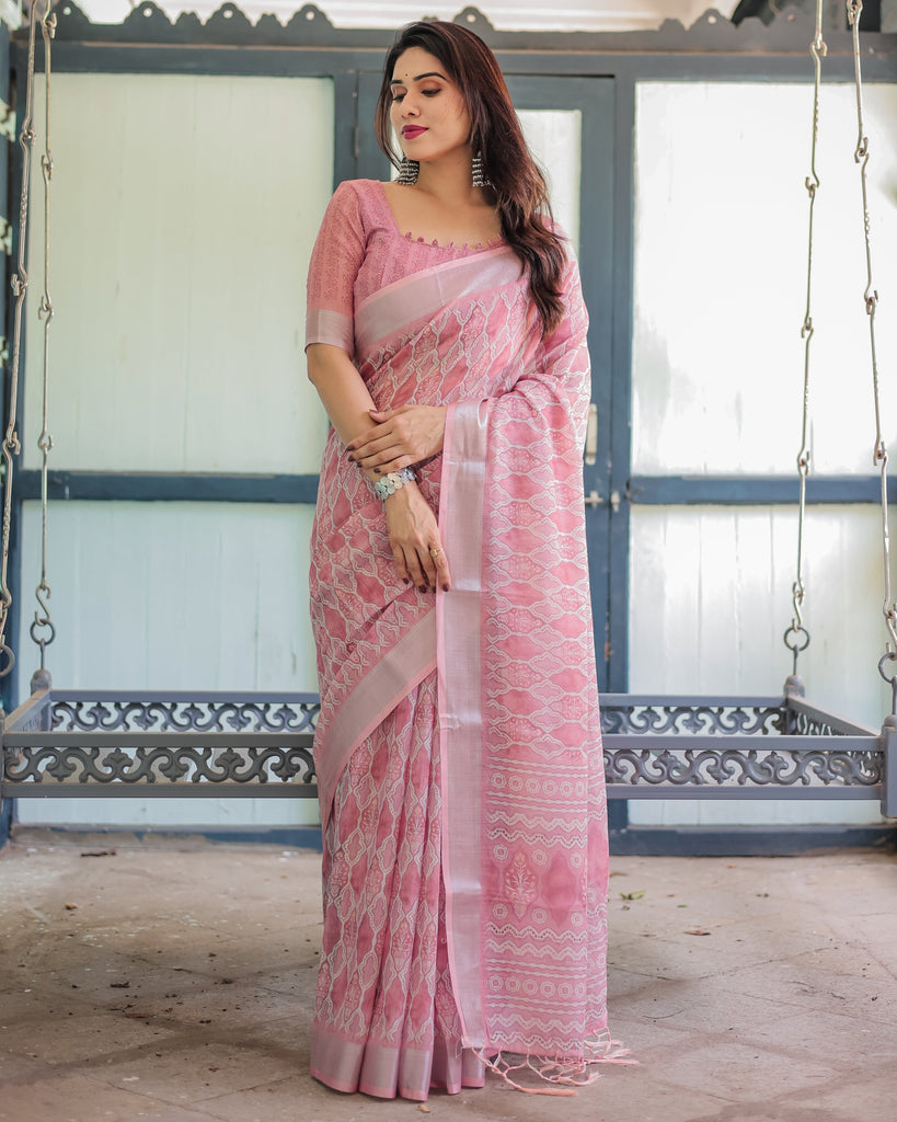 Elegant Rose Pink Pure Cotton Linen Saree with White Thread Work, Matching Blouse, and Tassel Edges LINEN