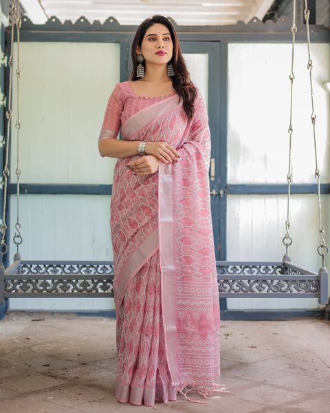 Elegant Rose Pink Pure Cotton Linen Saree with White Thread Work, Matching Blouse, and Tassel Edges LINEN Main image