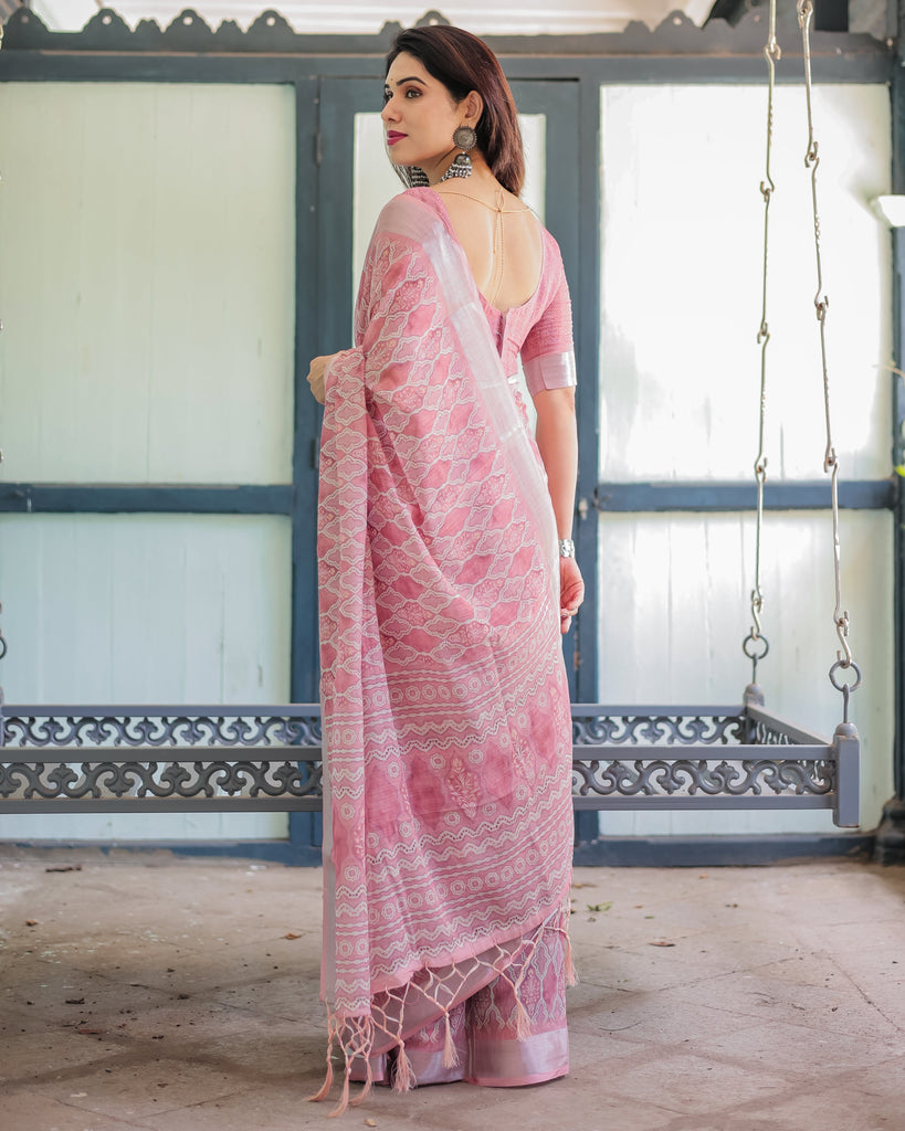 Elegant Rose Pink Pure Cotton Linen Saree with White Thread Work, Matching Blouse, and Tassel Edges LINEN