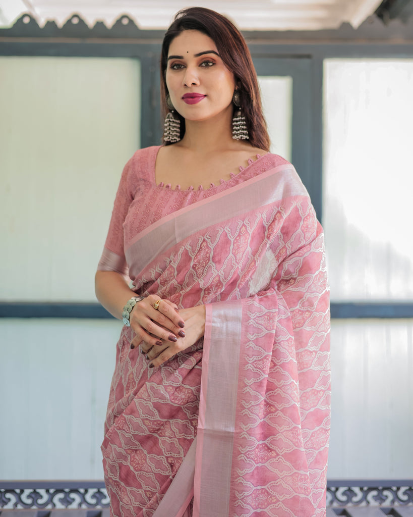 Elegant Rose Pink Pure Cotton Linen Saree with White Thread Work, Matching Blouse, and Tassel Edges LINEN