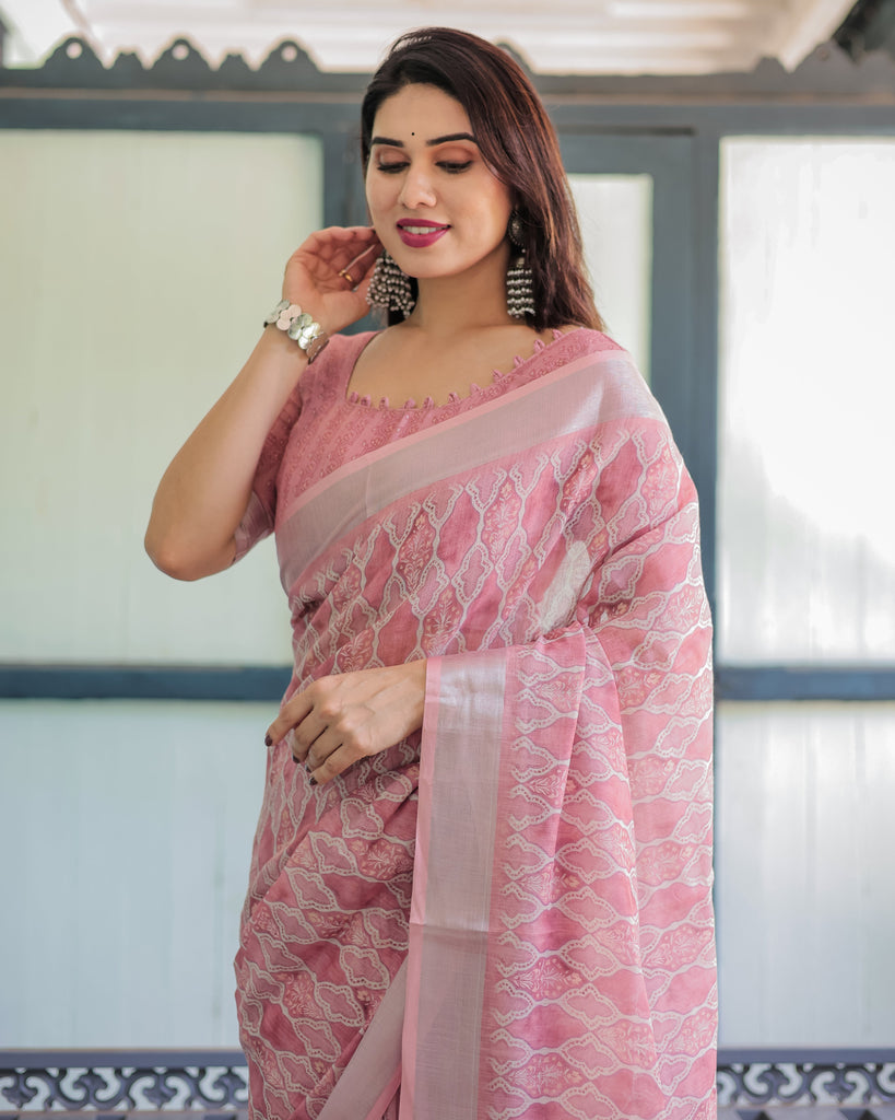 Elegant Rose Pink Pure Cotton Linen Saree with White Thread Work, Matching Blouse, and Tassel Edges LINEN