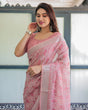 Load image into Gallery viewer, Elegant Rose Pink Pure Cotton Linen Saree with White Thread Work, Matching Blouse, and Tassel Edges LINEN