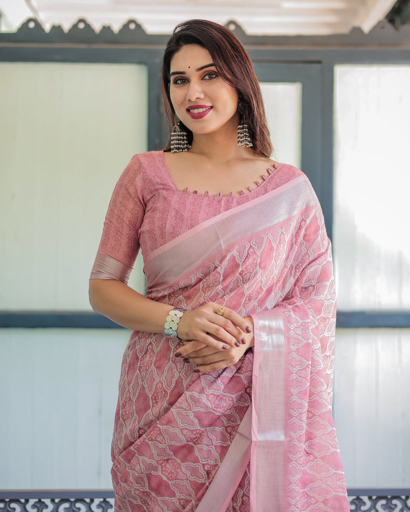 Elegant Rose Pink Pure Cotton Linen Saree with White Thread Work, Matching Blouse, and Tassel Edges LINEN