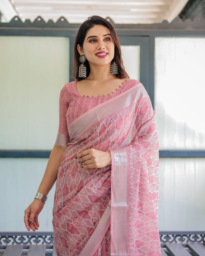 Elegant Rose Pink Pure Cotton Linen Saree with White Thread Work, Matching Blouse, and Tassel Edges LINEN