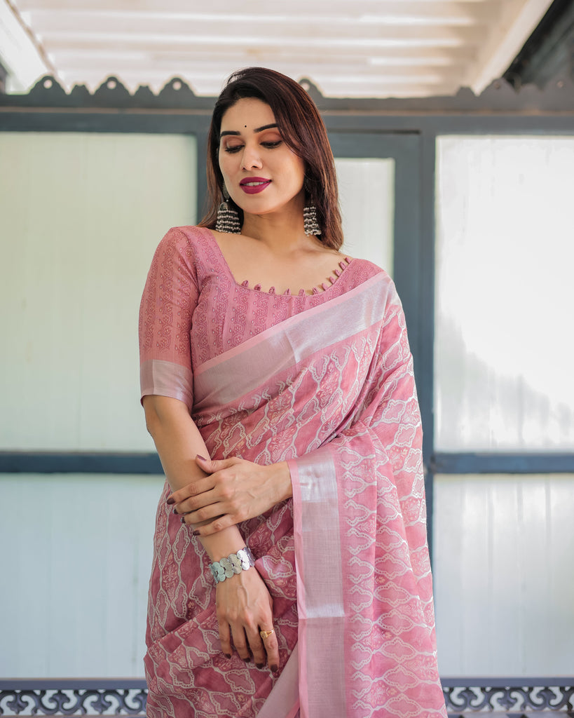 Elegant Rose Pink Pure Cotton Linen Saree with White Thread Work, Matching Blouse, and Tassel Edges LINEN
