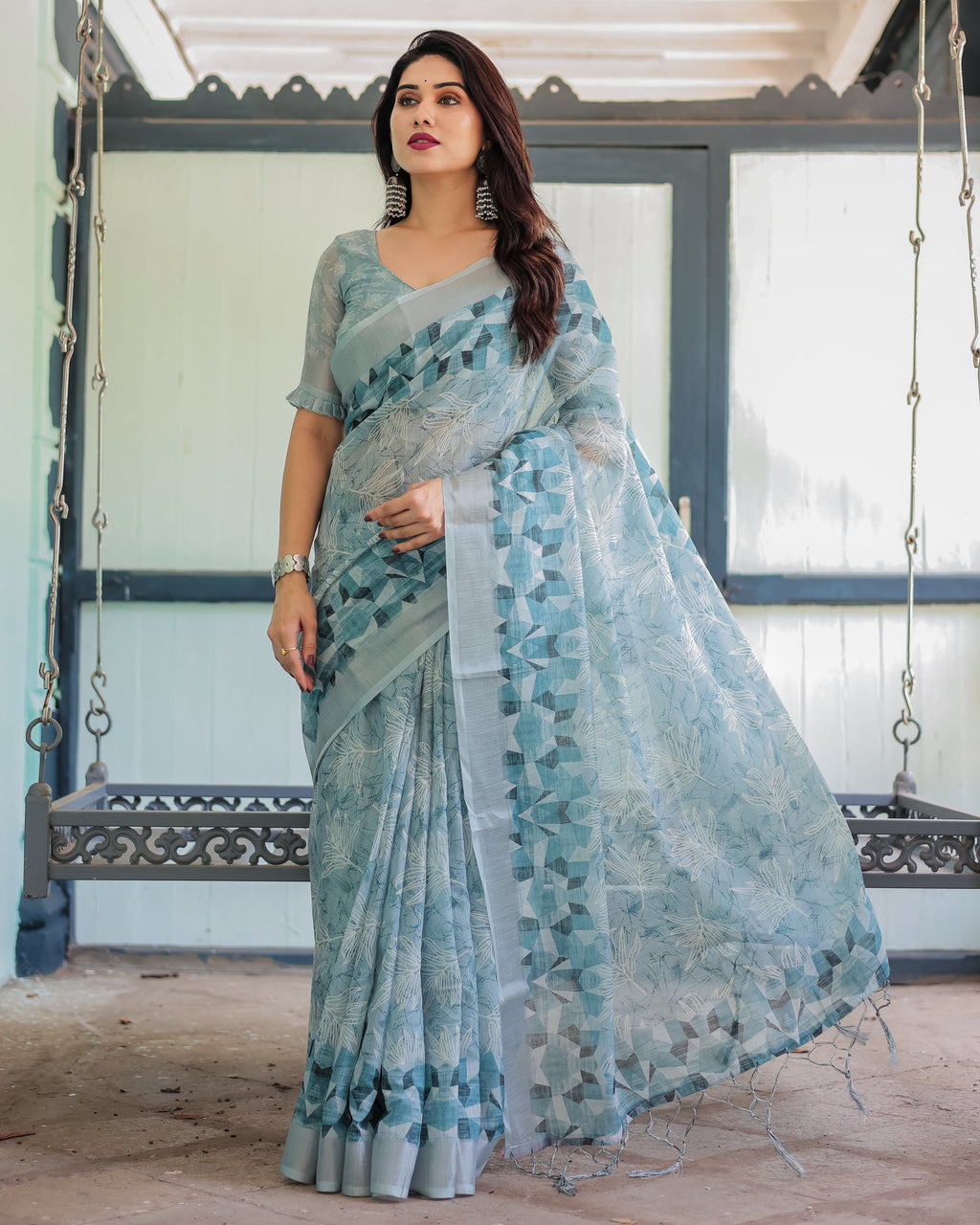 Light Blue Pure Cotton Linen Saree with Geometric and Floral Patterns, Blouse, and Tassels LINEN