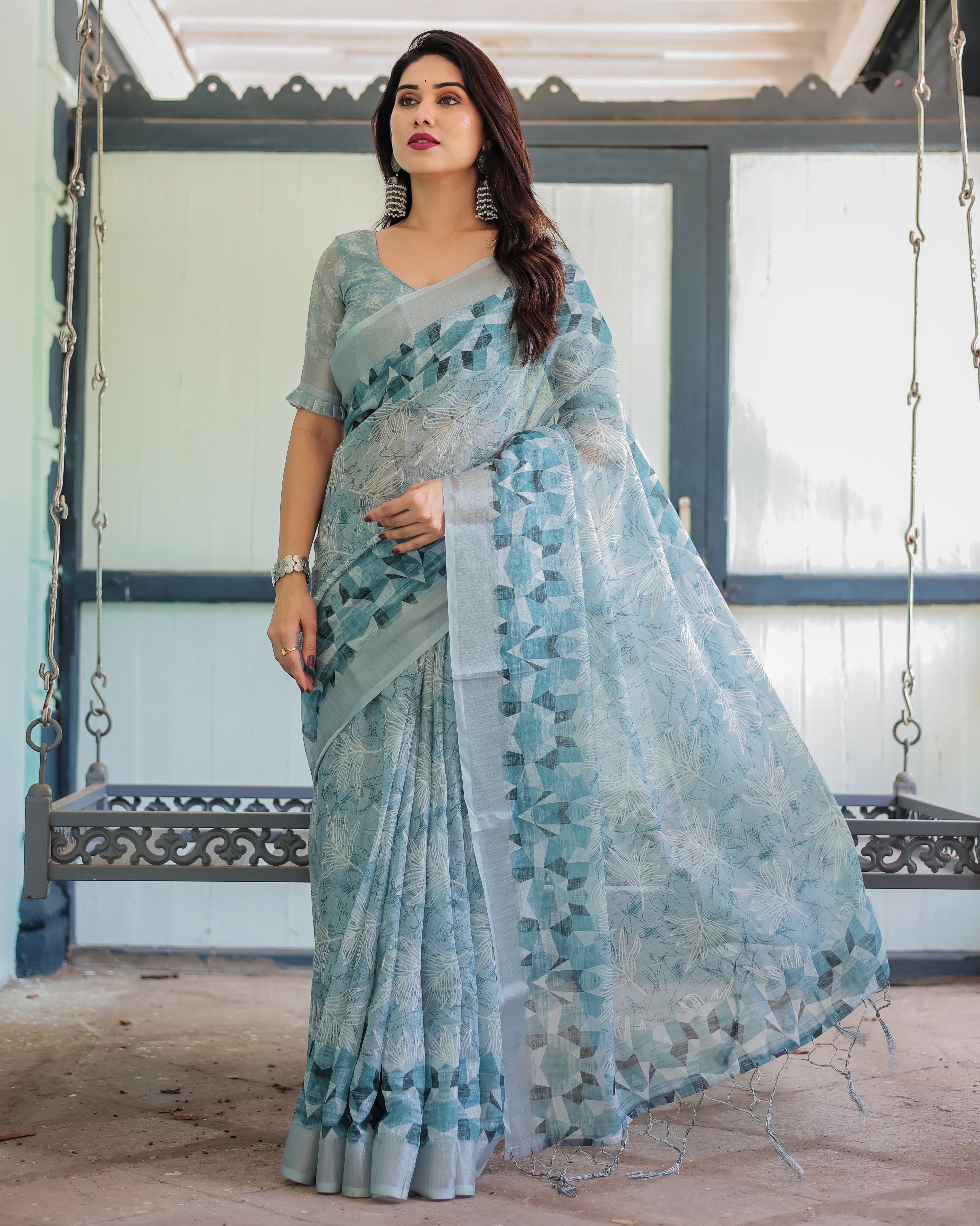Light Blue Pure Cotton Linen Saree with Geometric and Floral Patterns, Blouse, and Tassels LINEN