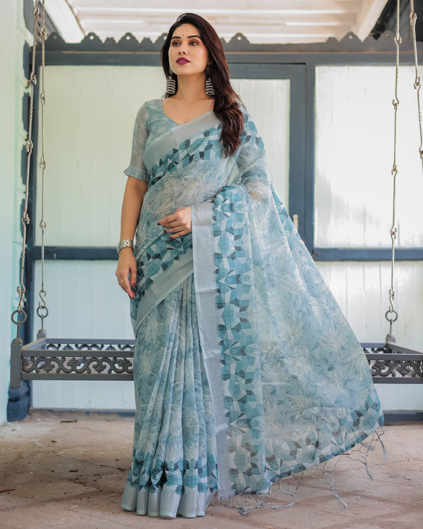 Light Blue Pure Cotton Linen Saree with Geometric and Floral Patterns, Blouse, and Tassels LINEN