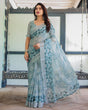 Load image into Gallery viewer, Light Blue Pure Cotton Linen Saree with Geometric and Floral Patterns, Blouse, and Tassels LINEN