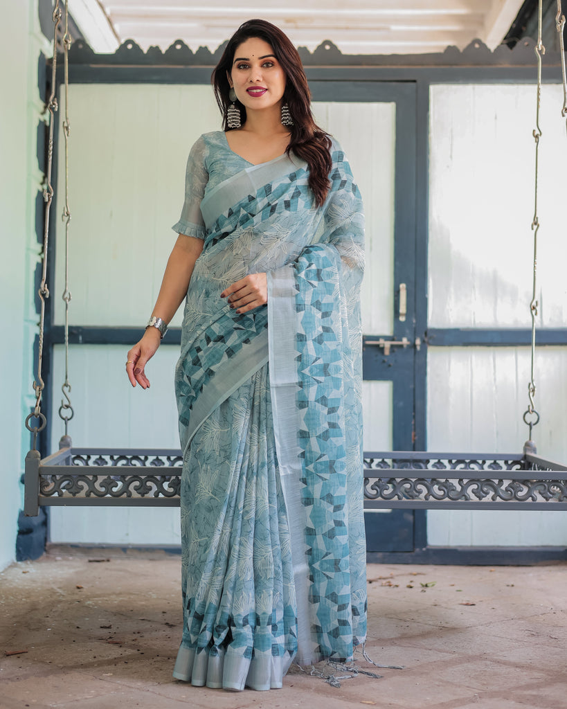 Light Blue Pure Cotton Linen Saree with Geometric and Floral Patterns, Blouse, and Tassels LINEN